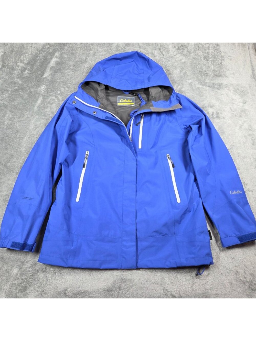 Cabelas Jacket Mens Medium Blue Paclite Goretex Packable Hooded Rain Coat